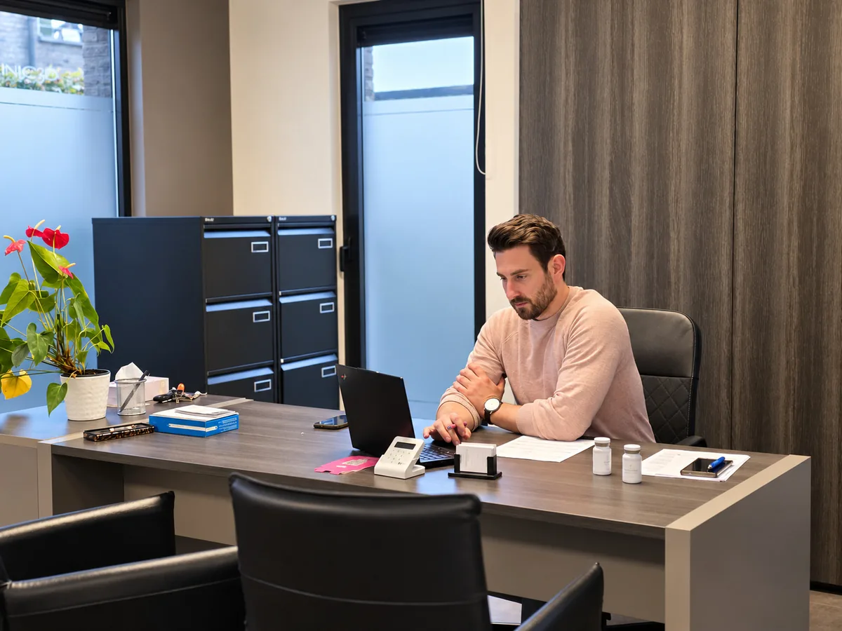 Dr. Sasha Kenis aan zijn bureau voor het consult